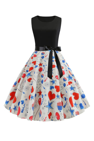 1950s Vestido Sin Mangas Estampado Negro